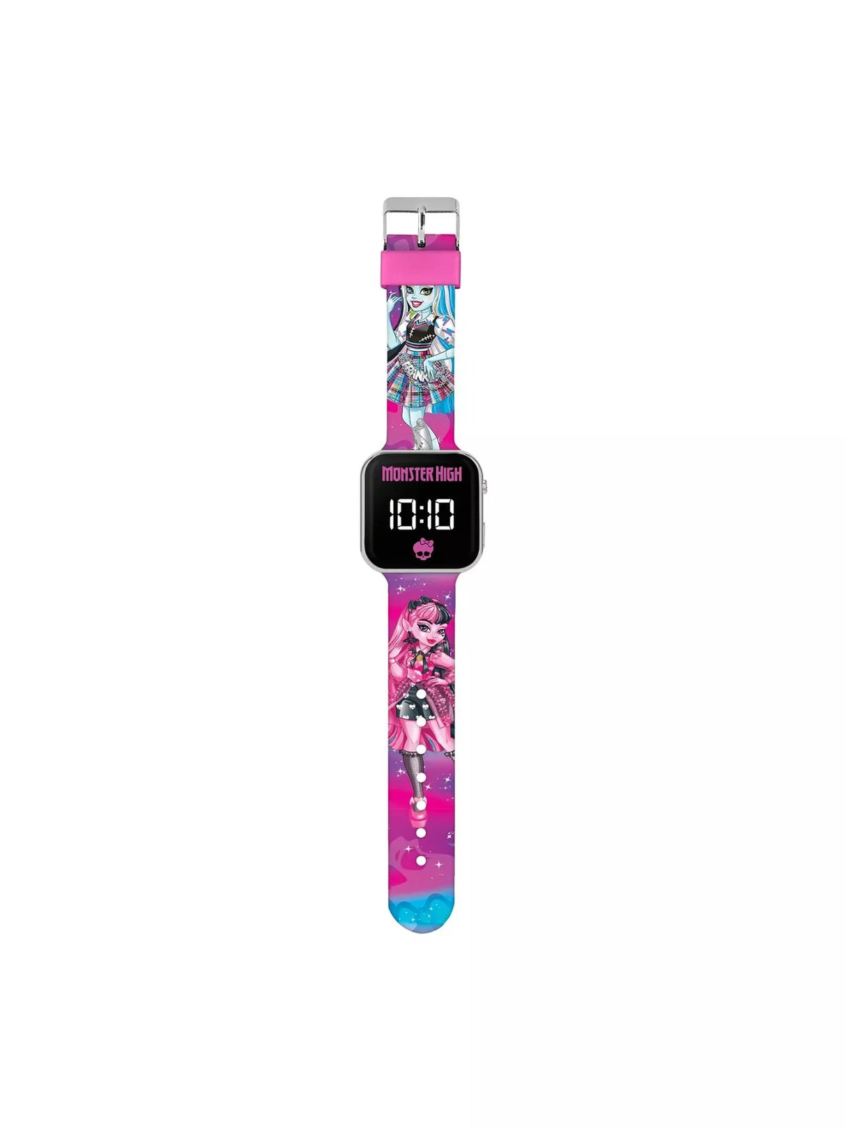 Monster High kids LED watch with white digital display and character print strap featuring Draculaura and Frankie Stein