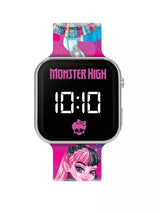 Monster High LED watch front view with Draculaura character dial, Monster High logo and pink printed silicone strap