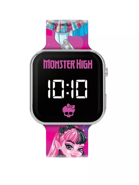 Monster High LED watch front view with Draculaura character dial, Monster High logo and pink printed silicone strap