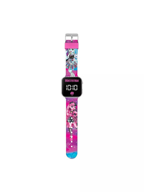 Monster High LED watch showing full printed pink silicone strap with Draculaura and Frankie Stein characters