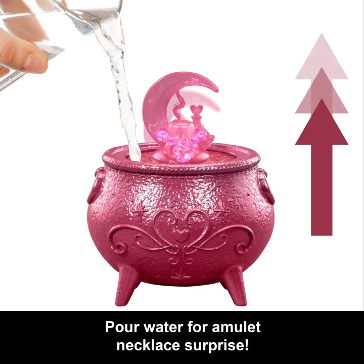 Monster High Moonspell Magic Carina Song pink cauldron with water poured in to reveal amulet necklace