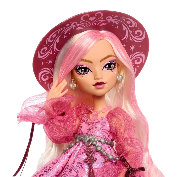 Monster High Moonspell Magic Carina Song close up with pink hair and wide brim witch hat