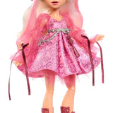 Monster High Moonspell Magic Carina Song pink patterned dress with silver belt and ribbon sleeves