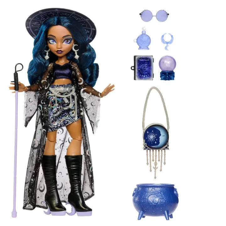 Monster High Moonspell Magic Claire de Luna with moon hat, cane, cauldron and accessories