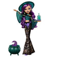 Monster High Moonspell Magic Willow Thorne with purple hair, green witch hat, potion bottle and cauldron