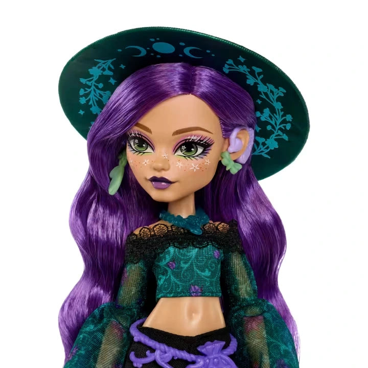 Monster High Moonspell Magic Willow Thorne close view with purple hair, green witch hat and hearing aid