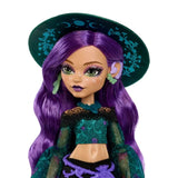 Monster High Moonspell Magic Willow Thorne close view with purple hair, green witch hat and hearing aid