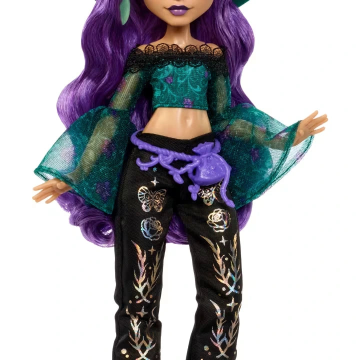 Monster High Moonspell Magic Willow Thorne in green top with sheer sleeves, patterned trousers and purple moth purse