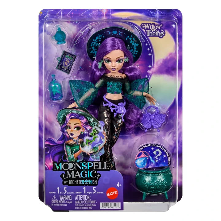 Monster High Moonspell Magic Willow Thorne with spellbook, potion bottle, purple accessories and green cauldron in packaging