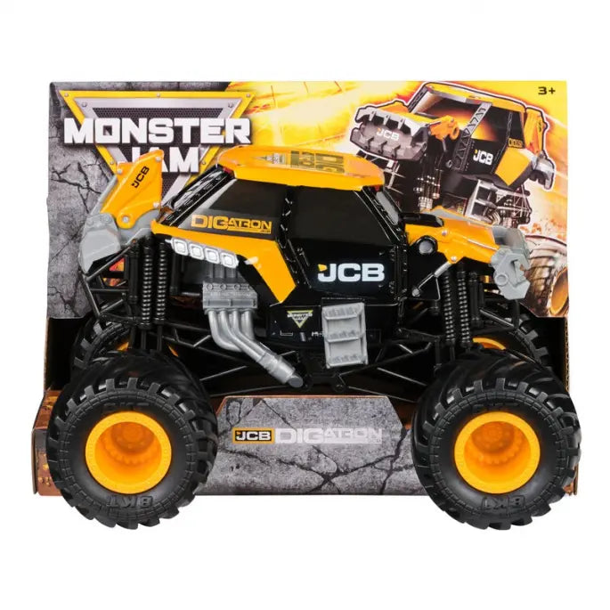 Monster Jam JCB DIGatron monster truck shown in its packaging