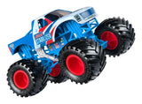 Blue, white and red Monster Jam Lucas Stabilizer truck shown from the front and side