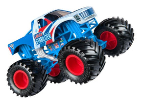 Blue, white and red Monster Jam Lucas Stabilizer truck shown from the front and side