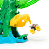 Mini monster truck shown beside the yellow cobra mouth on the Monster Jam Mini Jams playset