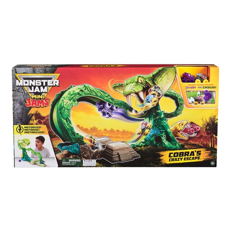 Monster Jam Mini Jams Cobra's Crazy Escape packaging showing the playset and two mini monster trucks