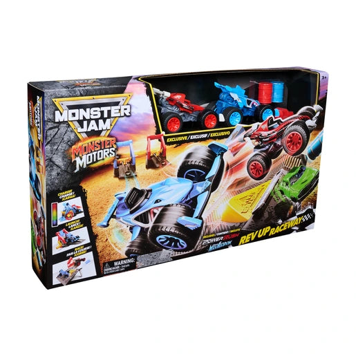 Monster Jam Monster Motors Rev Up Raceway retail box viewed at an angle, showing red and blue monster trucks through the packaging window and racing artwork featuring launchers, ramps and obstacles.