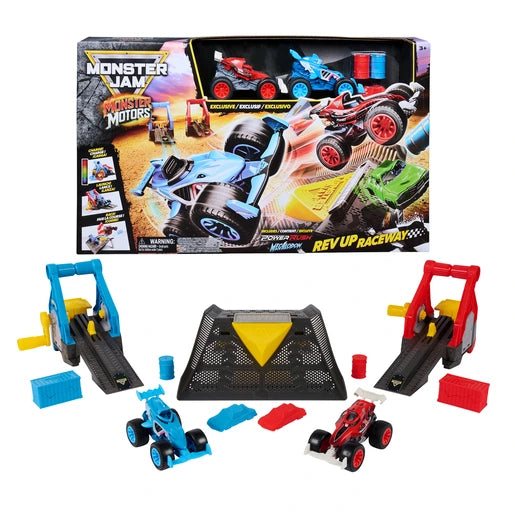 Monster Jam Monster Motors Rev Up Raceway retail box displayed above the separate track components, including red and blue friction launchers, yellow cranks, black finish ramp, two monster trucks and coloured obstacles.