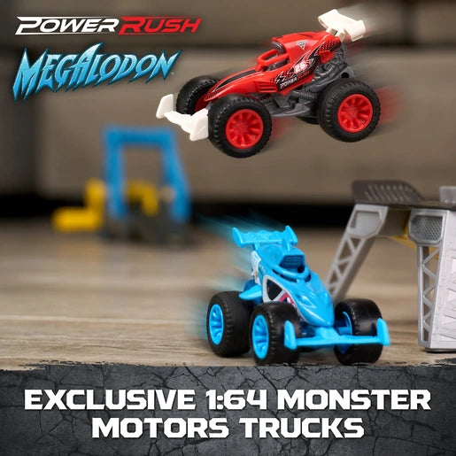 Monster Jam Power Rush red monster truck shown jumping above a blue Megalodon Monster Motors truck, with large tyres, coloured wheel rims and exclusive 1:64 scale truck branding.