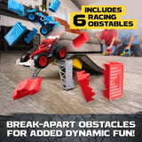 Monster Jam Rev Up Raceway promotional image showing red Power Rush and blue Megalodon trucks jumping through red and blue break-apart barrels and containers around a black and yellow finish ramp.