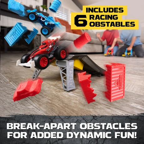 Monster Jam Rev Up Raceway promotional image showing red Power Rush and blue Megalodon trucks jumping through red and blue break-apart barrels and containers around a black and yellow finish ramp.