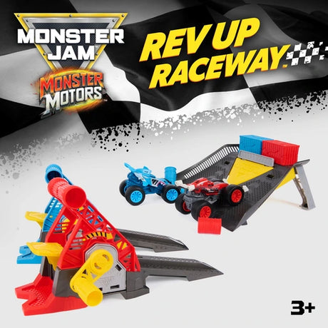 Monster Jam Rev Up Raceway promotional image showing blue and red monster trucks on a black finish ramp, with separate red and blue launchers, yellow cranks and red and blue obstacles.
