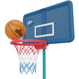Orange Swingball basketball above a red hoop with blue backboard and net