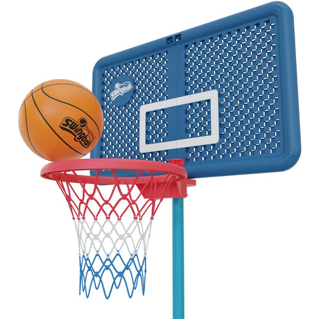 Orange Swingball basketball above a red hoop with blue backboard and net