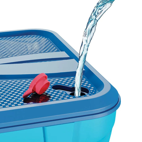 Blue basketball base with red fill plug and water pouring into the opening