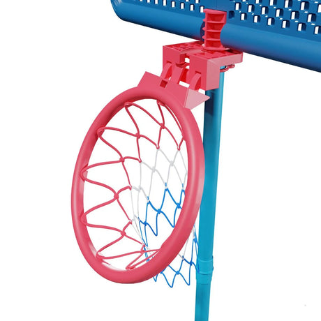 Red basketball hoop and net attached to the blue backboard and pole
