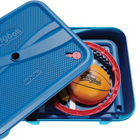Open Mookie basketball carry case with backboard, hoop, net, plug and basketball inside