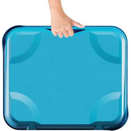 Turquoise Mookie basketball carry case with a hand holding the handle