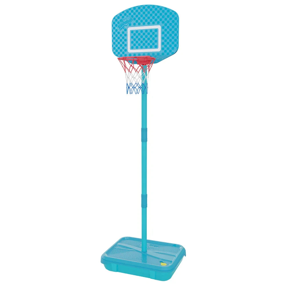 Mookie All Surface First Basketball hoop assembled with turquoise base and pole