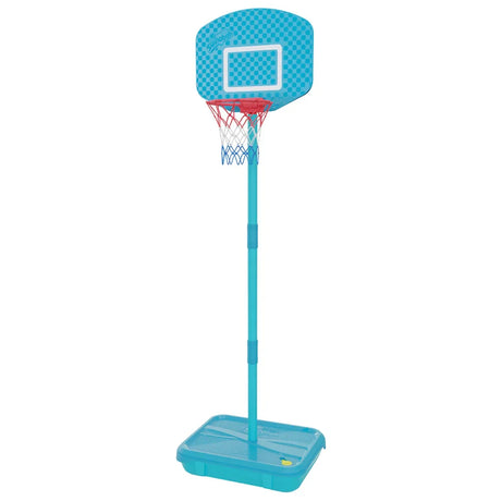 Mookie All Surface First Basketball hoop assembled with turquoise base and pole
