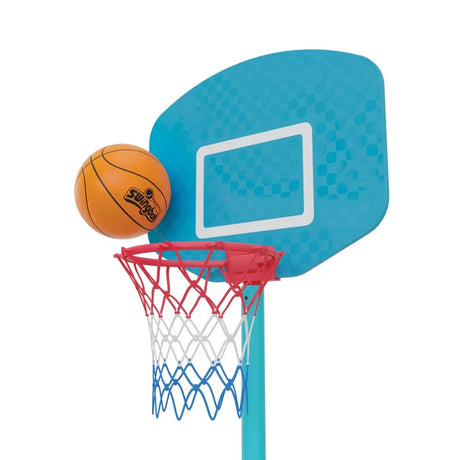 Orange Swingball basketball above a turquoise backboard with red and blue net