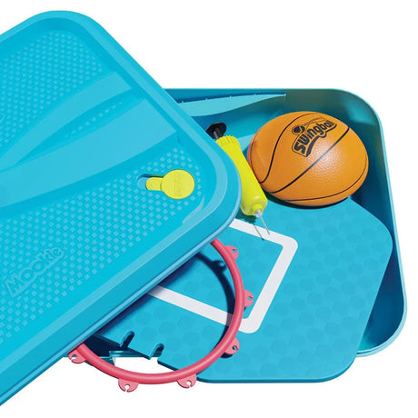 Open turquoise Mookie basketball carry case with hoop, backboard, net, basketball and plug inside