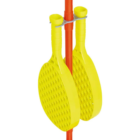 Two yellow Mookie Swingball bats clipped to the orange centre pole