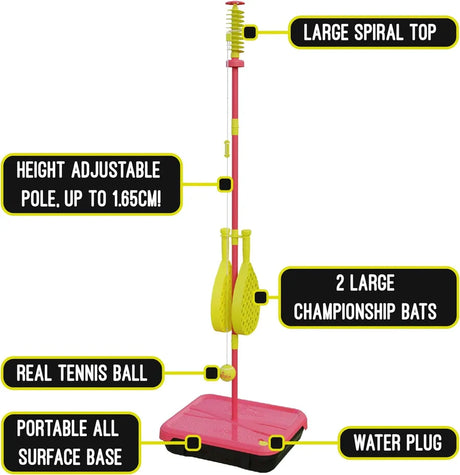 Mookie Classic All Surface Swingball set with labelled feature callouts for bats, ball, pole, base and water plug