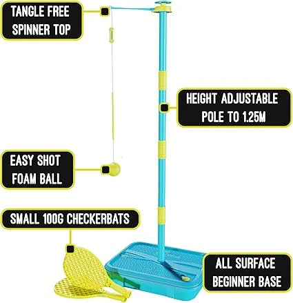 Mookie Early Fun All Surface Swingball set with foam ball, yellow bats, turquoise pole and feature callouts