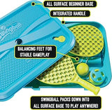 Open turquoise Swingball base packed with yellow bats, foam ball and spinner top