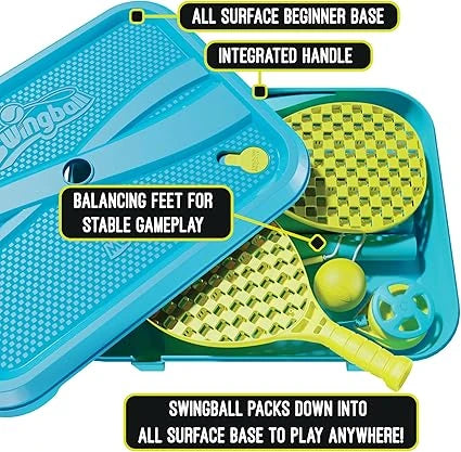 Open turquoise Swingball base packed with yellow bats, foam ball and spinner top