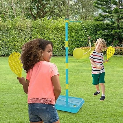 Mookie Early Fun All Surface Swingball set with two children holding yellow bats