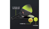 Mookie Pickleball Bat and Ball Set with labelled bats, rubber ball and pickleball on black graphic