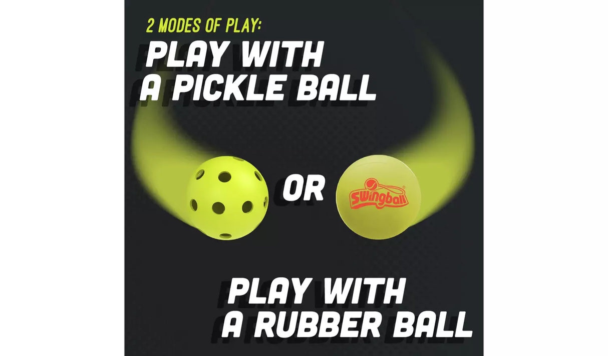 Graphic showing pickleball and rubber ball play options from the Mookie Pickleball Bat and Ball Set