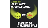 Graphic showing pickleball and rubber ball play options from the Mookie Pickleball Bat and Ball Set