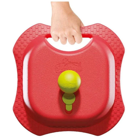 Red Mookie Reflex Tennis Trainer base carried by the handle with a yellow ball attached
