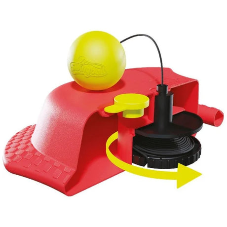 Closeup of the Mookie Reflex Tennis Trainer red base with yellow ball, black cord and winder