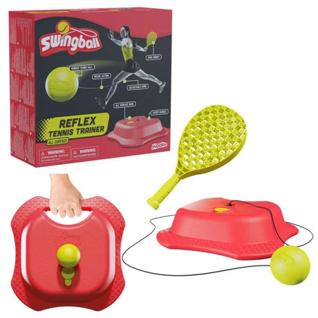 Mookie Reflex Tennis Trainer retail box with yellow paddle, red base and yellow ball