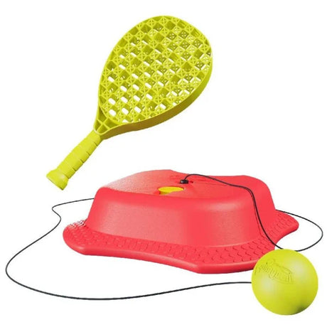 Yellow paddle shown beside the red Mookie Reflex Tennis Trainer base and yellow ball