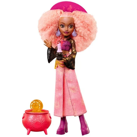 Moonspell Magic Rae Lumina with pink curly hair, purple hat and red sun cauldron