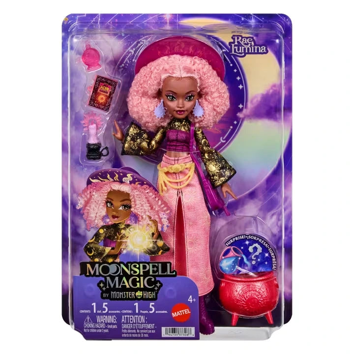 Moonspell Magic Rae Lumina with spellbook, potion bottle and red cauldron displayed in packaging