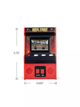 Mortal Kombat Handheld Electronic Arcade Game front view with dimension markings showing 5.75 inches tall and 3.625 inches wide, with colour screen displaying gameplay